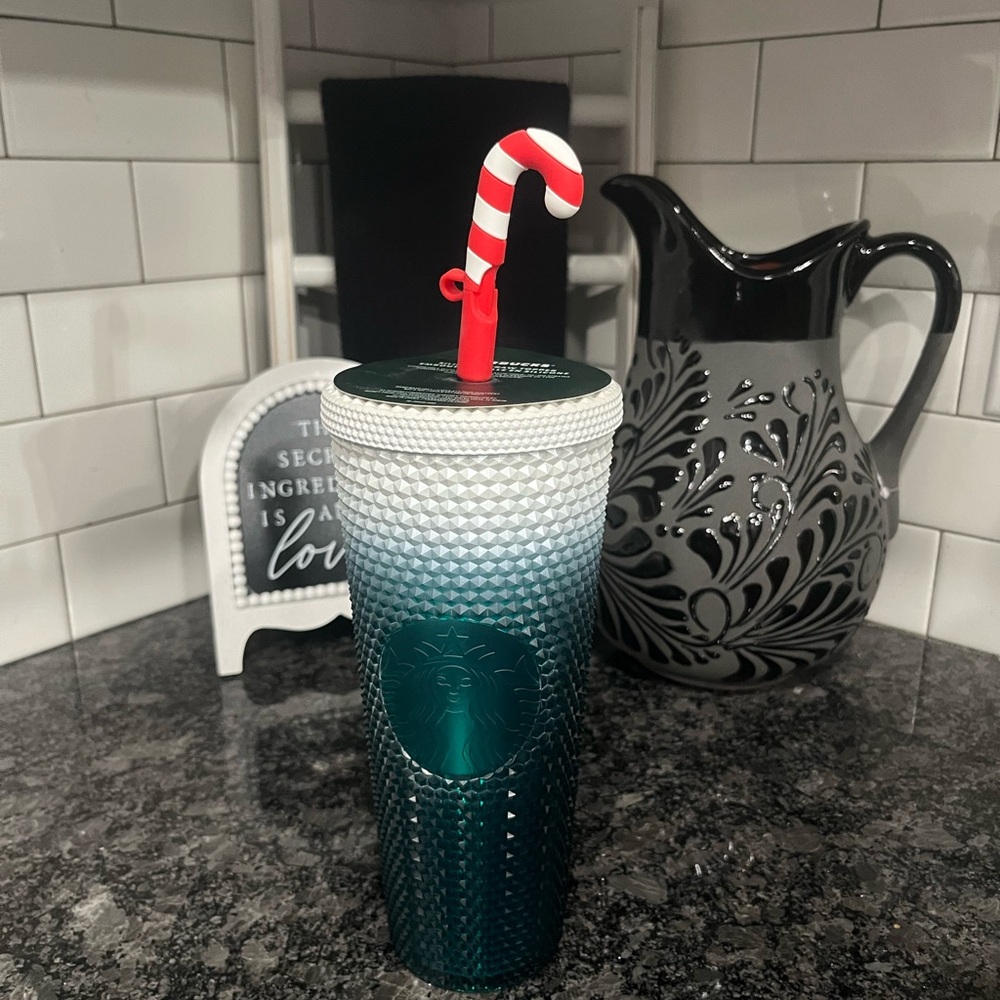 Starbucks Teal and White Tumbler with Candy Cane Straw